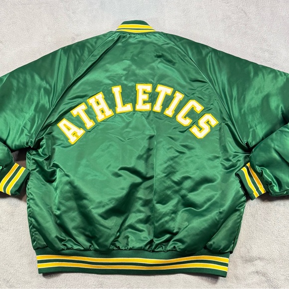 Rare 80’s 90’s Oakland A’s Chalk Line Satin Jacket Size L Spellout Quilted Lined - Picture 4 of 5